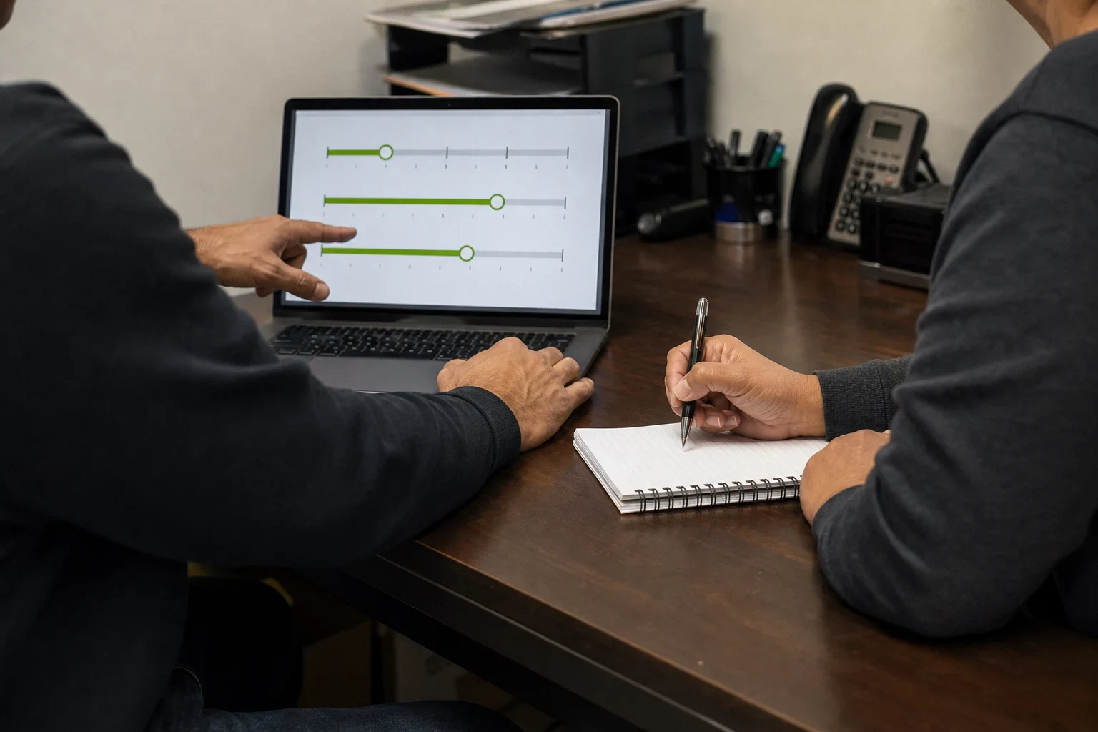 Two people at a wooden office desk; one points to slider options on a laptop screen while the other takes notes in a spiral notebook beside a desk phone.
