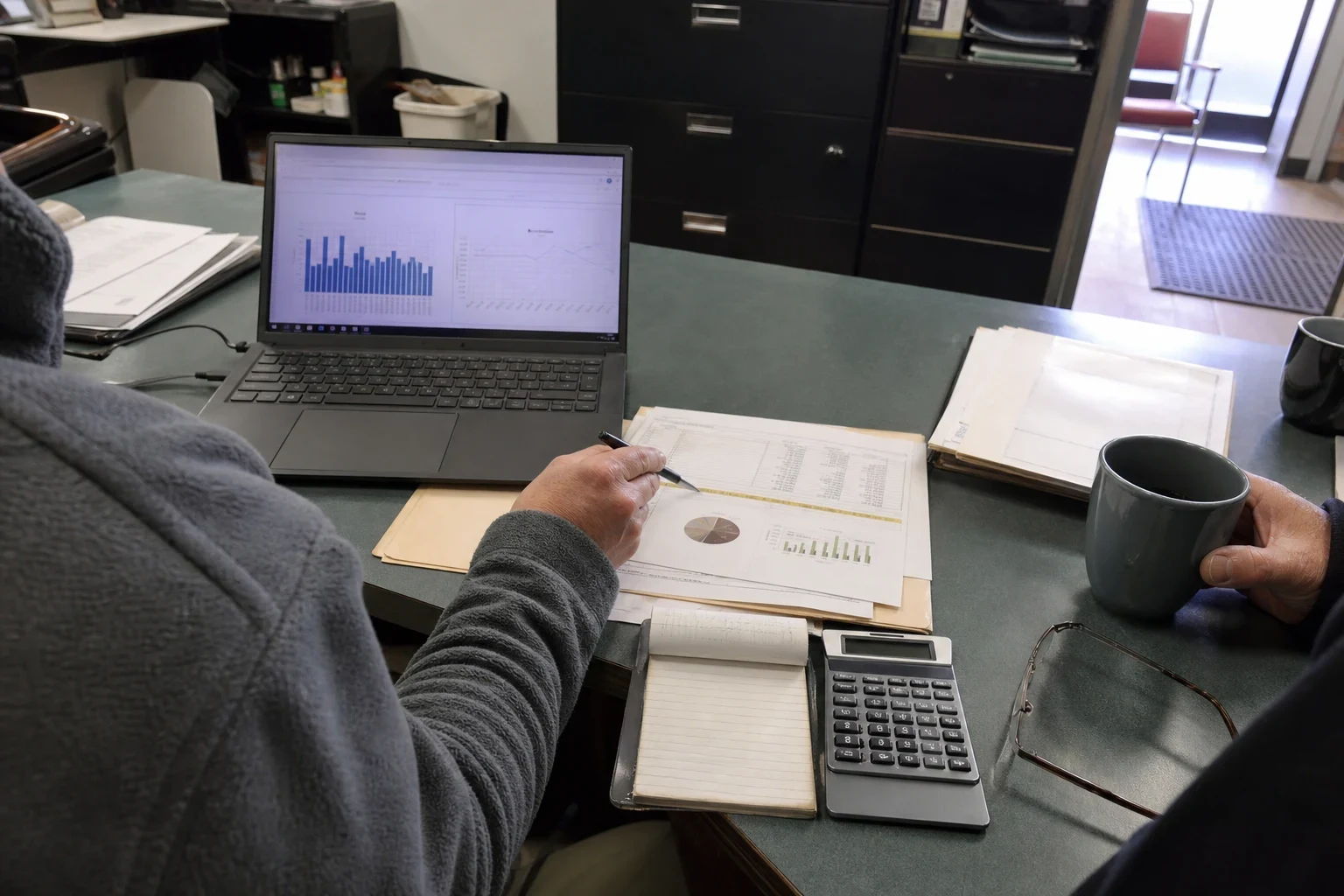 Over-the-shoulder view of an agent pointing a pen at printed charts beside a laptop, calculator and notepad, as a client holds a coffee mug at a green office desk
