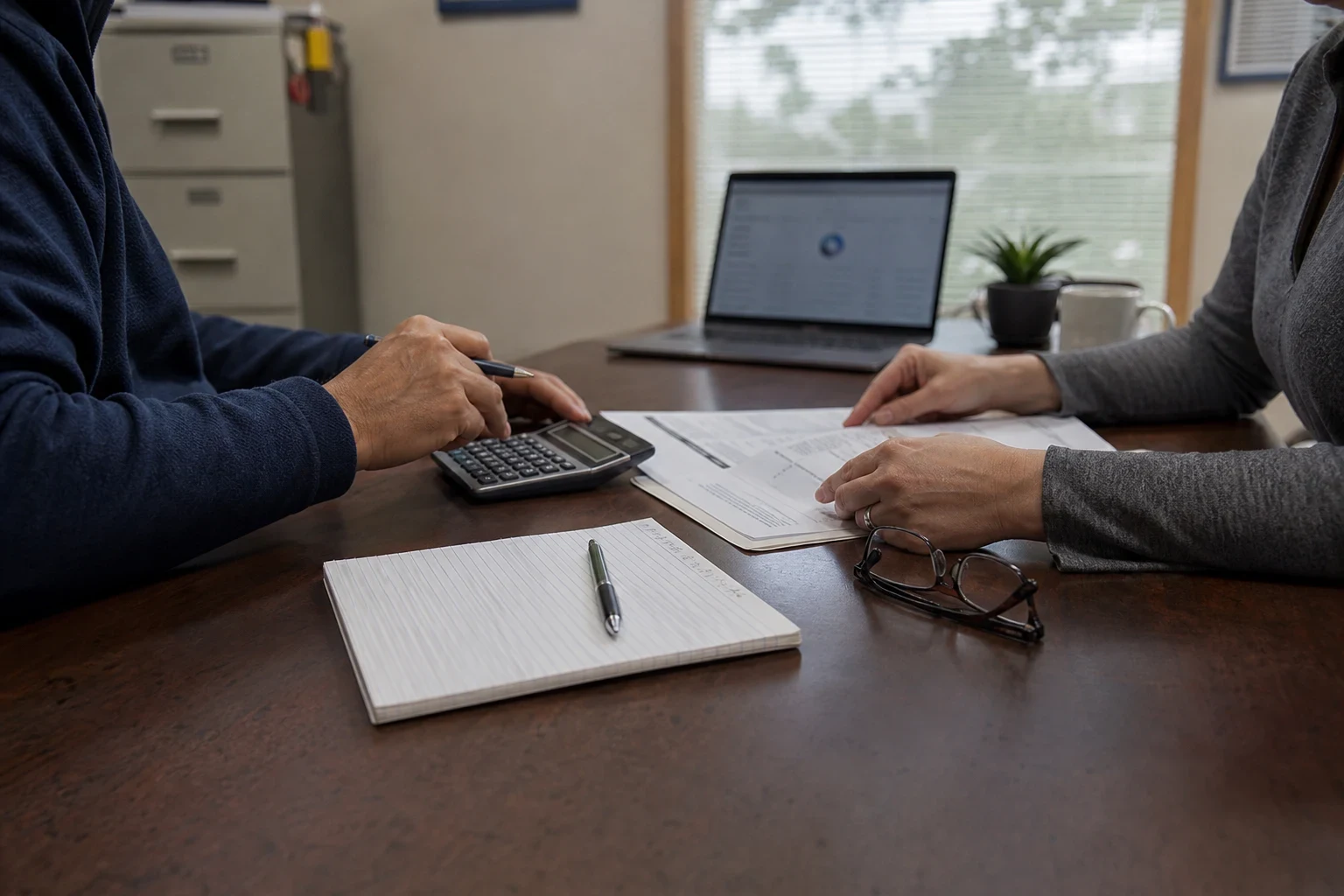 Two people at a wooden office desk reviewing printed statements, one holding a pen over a calculator, with a notepad, glasses, laptop and filing cabinet nearby