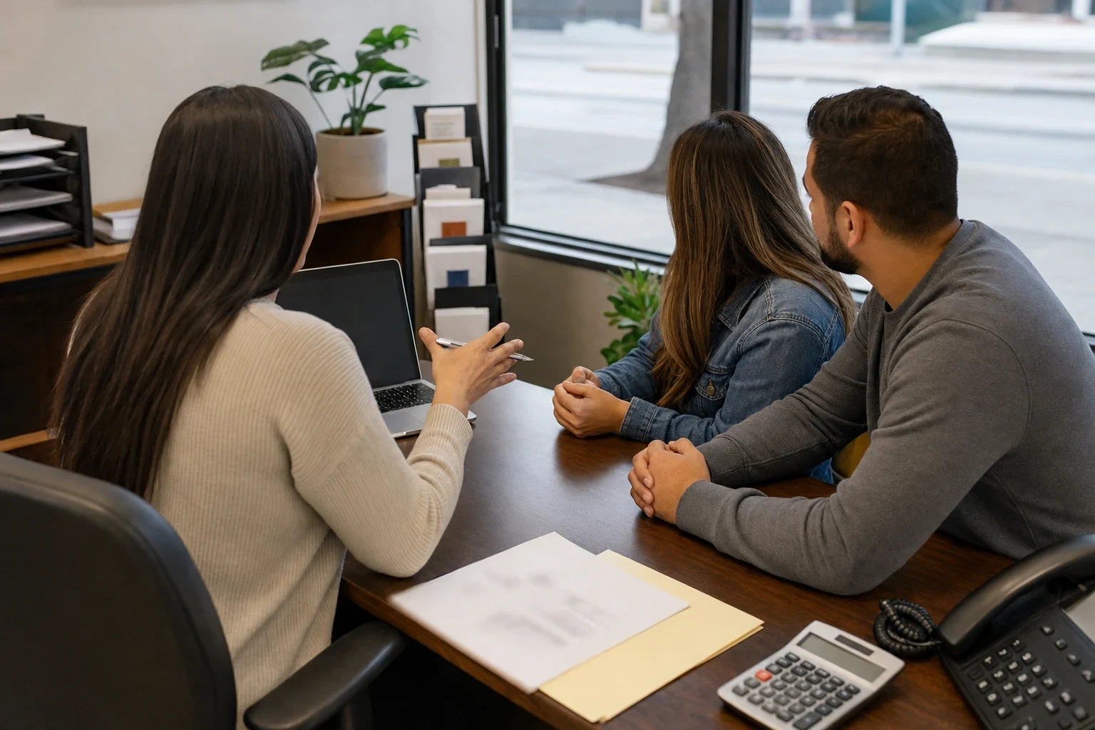 Agent in a cream sweater talks with a young couple at a wooden desk with a laptop, calculator and desk phone, a plant and street-facing window behind them