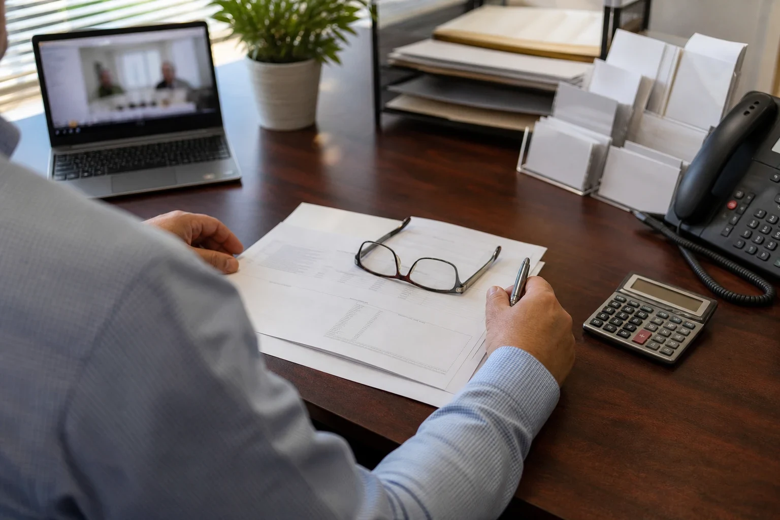 Agent at a wooden office desk holding a pen over printed policy pages with reading glasses on top, beside a calculator, desk phone and a laptop on a video call